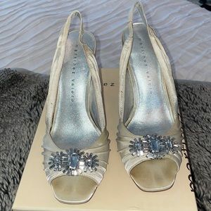 Vintage Ivory satin wedding heel with Crystal appliqué.